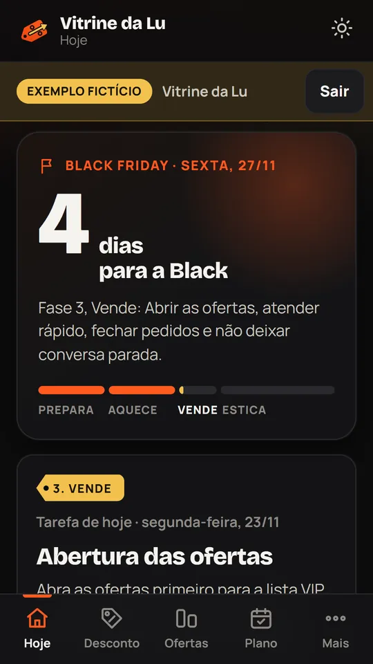 Tela Hoje com a contagem para a Black e a tarefa do dia