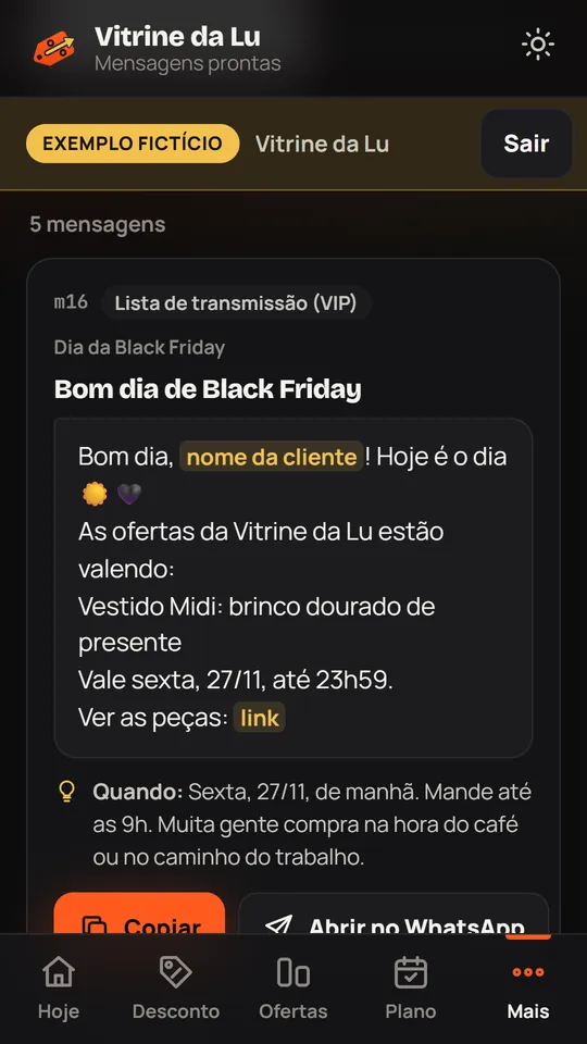 Mensagens prontas com botão copiar