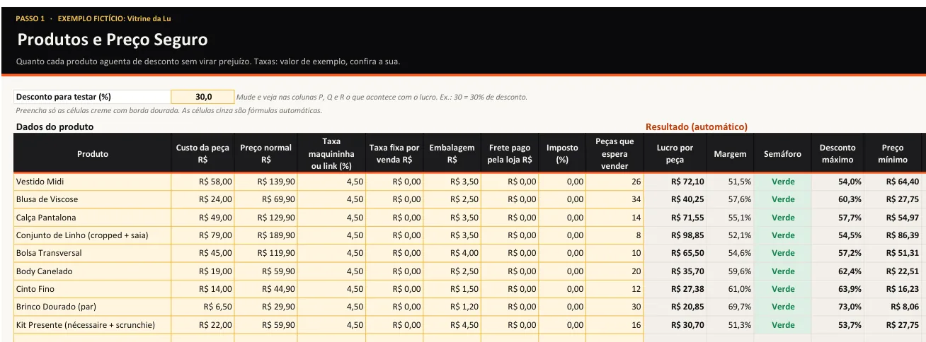 Aba Produtos e Preço Seguro da planilha de exemplo, com lucro por peça, margem, semáforo, desconto máximo e preço mínimo